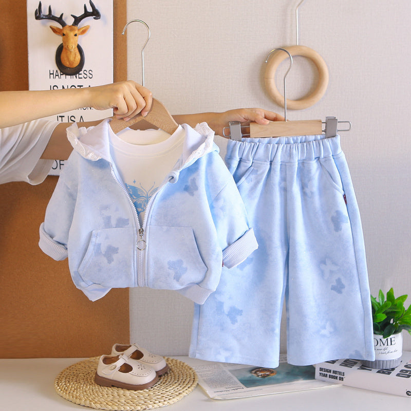 Girls' Outfit 2026 New Fashionable Full-Print Big Butterfly Three-Piece Set Baby Spring and Autumn Cartoon Clothes