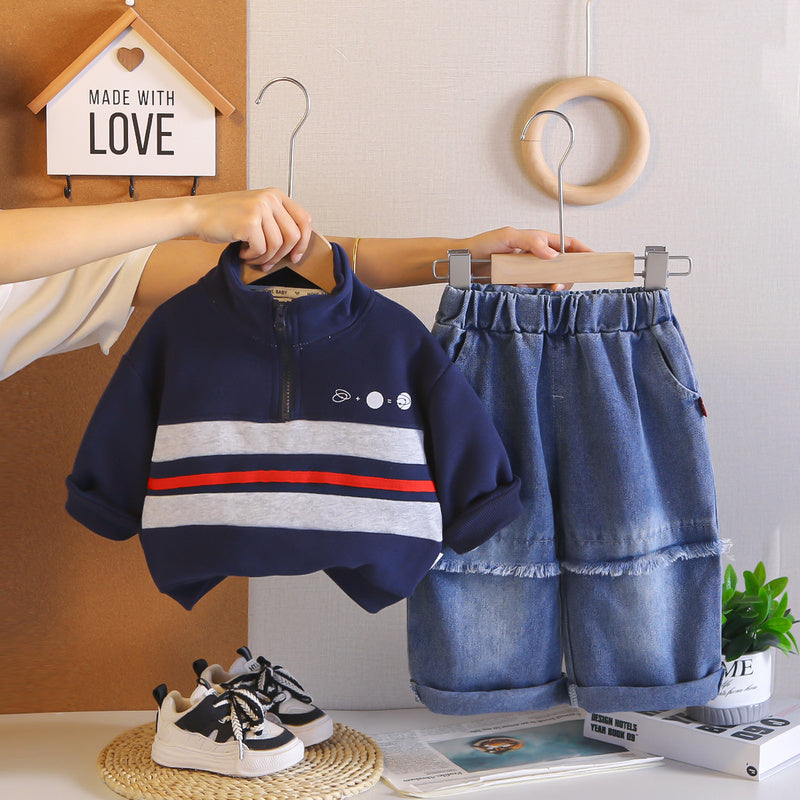 Children's 2026 Spring and Autumn New Korean Style Boys' Fall Outfit Stand Collar Half-Zip Sweatshirt Baby Two-Piece Set Trendy