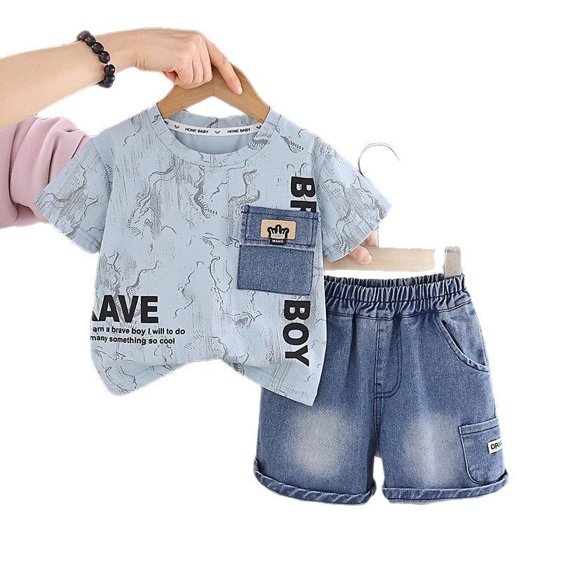 Baby Outfit Set 2026 New Style Boys' Denim Short Sleeve Shorts Infant Children's Summer Stylish Clothes