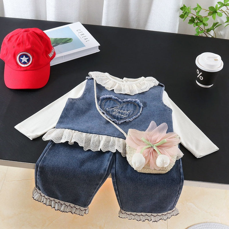 Girls' Outfit 2026 New Fashionable Clothes for Babies, Spring and Autumn Love Letter Denim Three-Piece Set