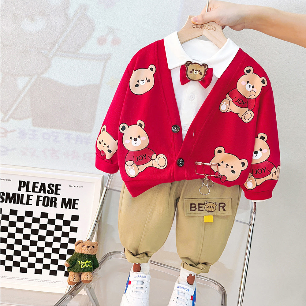 2023 Boys Long Sleeve Handsome Baby Boy Spring and Autumn Cute Bear Cardigan Little Children Three Piece Set