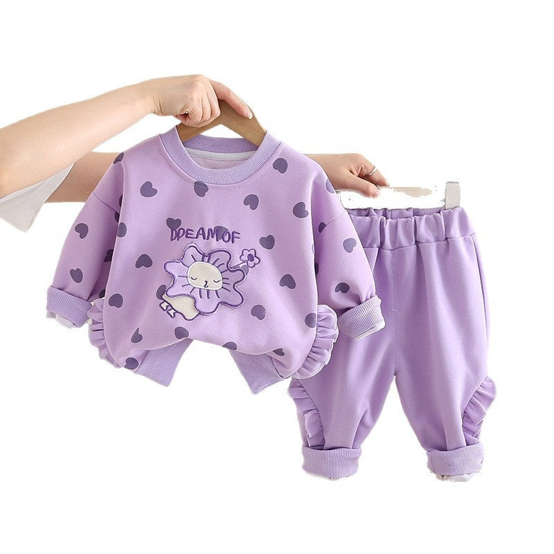Girls' Outfit 2025 New Stylish Full Print Heart Round Neck Two-Piece Set Baby Spring Autumn Sweatshirt Children's Trendy