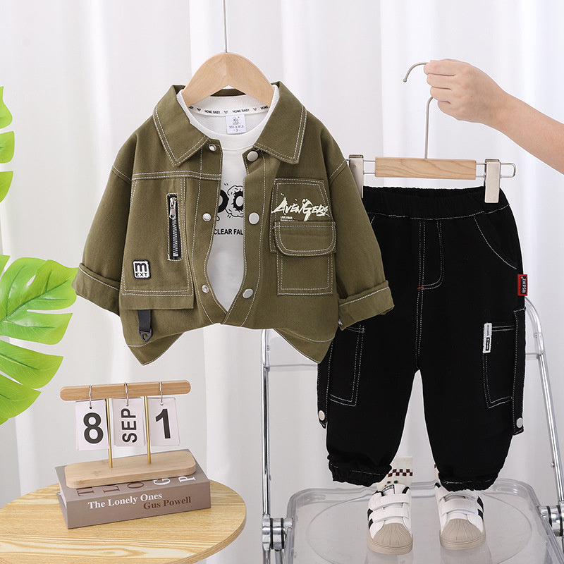 Boys' Outfit 2025 New Baby Spring and Autumn Korean Style Toddler Clothes Children's Casual Pocket Cargo Three-Piece Set