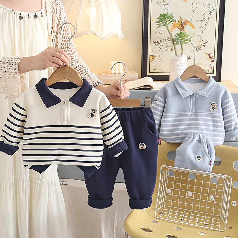Baby Boy Outfit Set 1-3 Years Old, Korean Style Half-Zip Striped Bear Two-Piece Set, Boys' Infant Clothes for Spring and Autumn