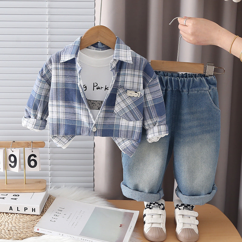 Boys' stylish casual outfit with pocket label shirt three-piece set, Korean-style children's clothing, baby spring and autumn long-sleeve
