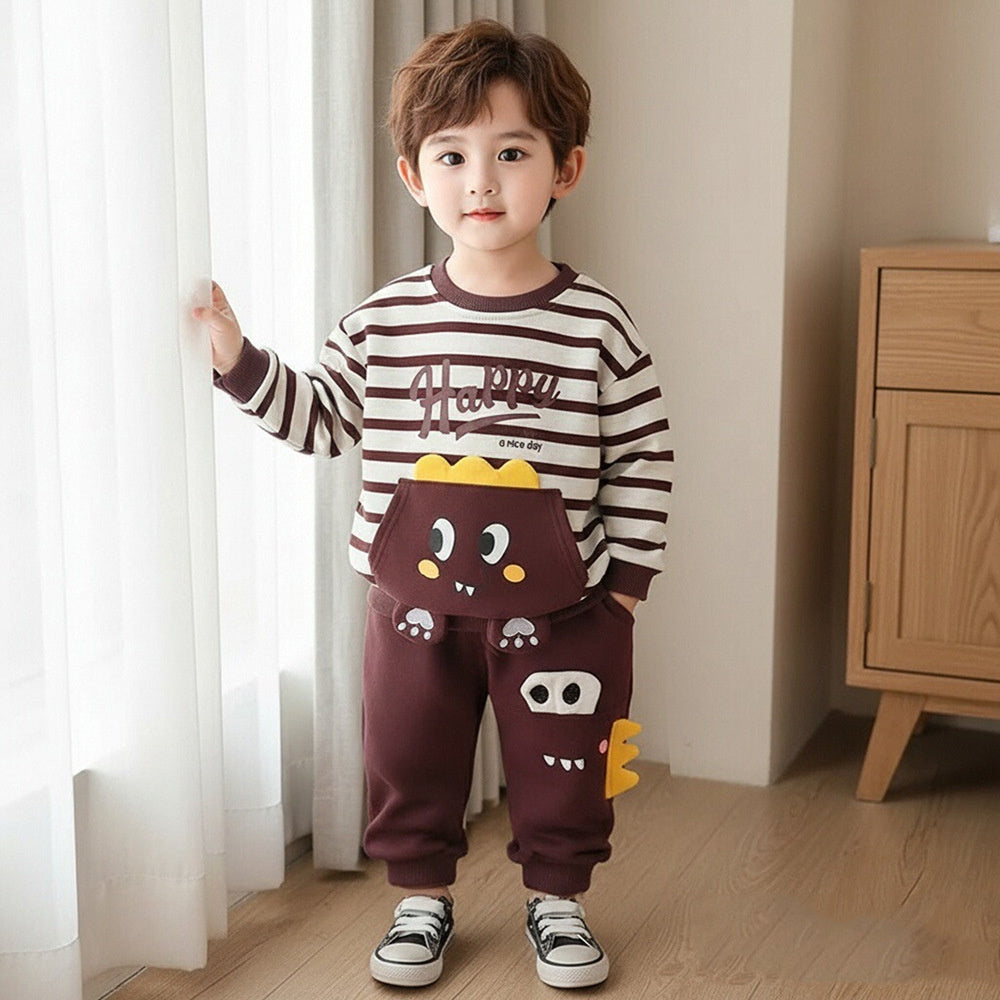 Boys' and Autumn Outfit 2026 New Style Baby Boy Spring Fashion Striped Dinosaur Two-Piece Set Infant Toddler Clothing