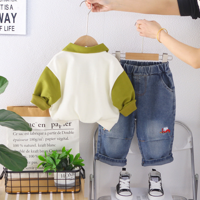 Boys' Spring and Autumn Outfit 2026 New Fashionable Infant Children's Clothing Baby Cartoon Cardigan Two-Piece Set Trendy