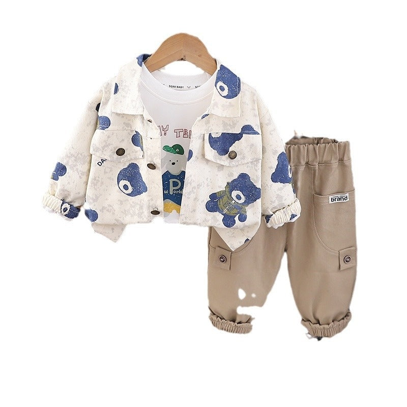 Children's Clothing Boys Spring and 2024 New Full Print Bear Workwear Three-Piece Set Baby Autumn Toddler Clothes Kids