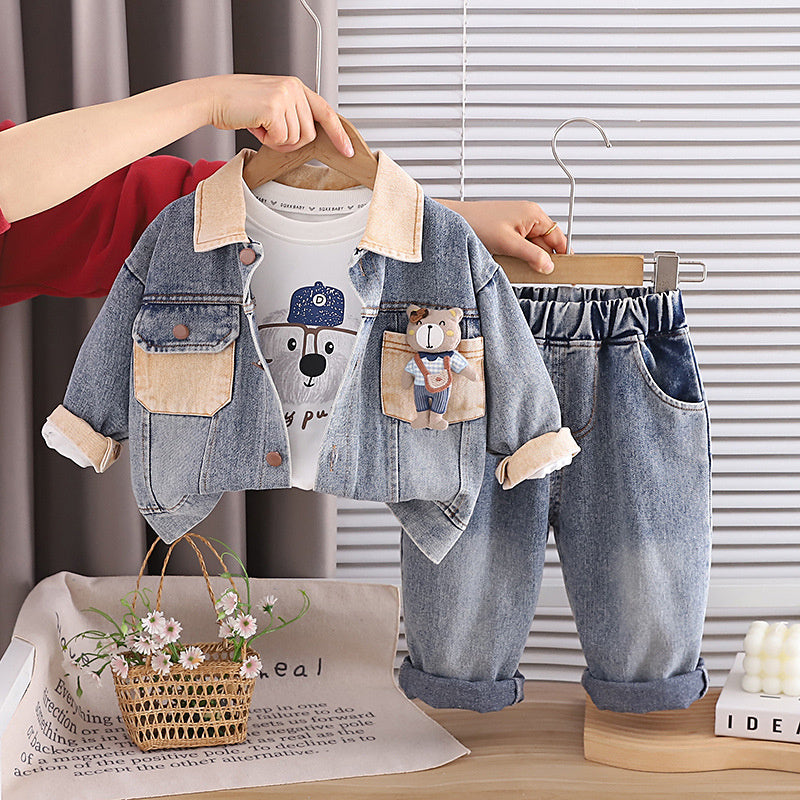 Boys' and Autumn Outfit 1-4 Year Olds, Spring Infant Children's Clothing, Stylish Denim Bear Three-Piece Set for Toddlers