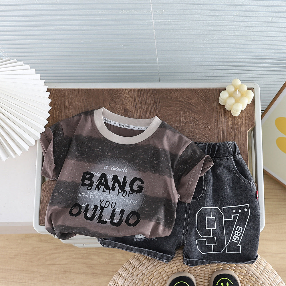 Boys' Summer Outfit 2026 New Stylish Korean Version Children's Gold-Embossed Wide-Striped Short-Sleeve Two-Piece Set Trendy Baby Clothes