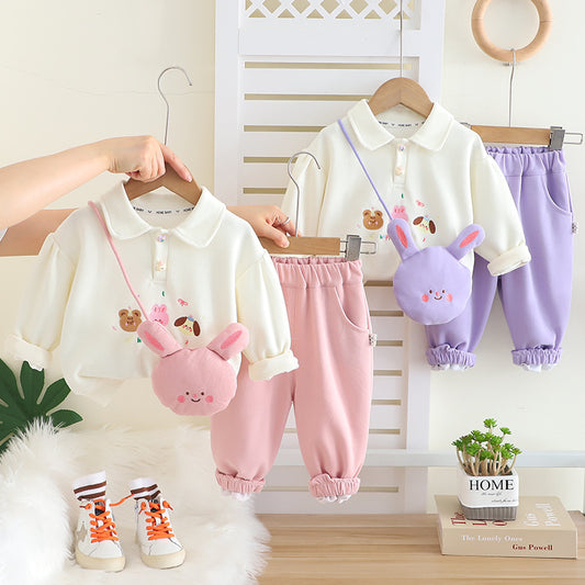 Girls' Outfit Turn-Down Collar Sweatshirt 2025 New Toddler Baby Spring Autumn Bunny Polo Crossbody Bag Two-Piece Set