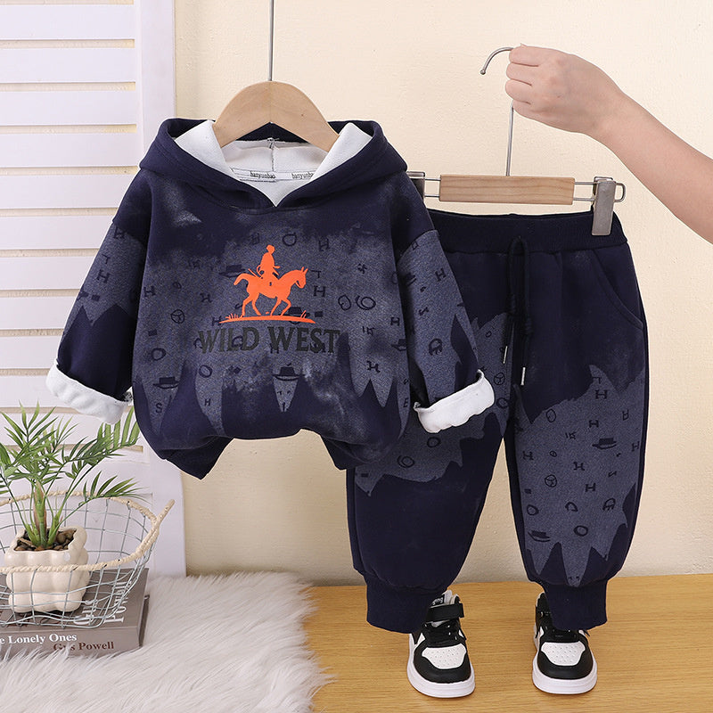 Boys' Autumn and Fleece-Lined Set 2026 New Fashionable Children's Winter Hooded Sweatshirt Two-Piece Outfit for Boys