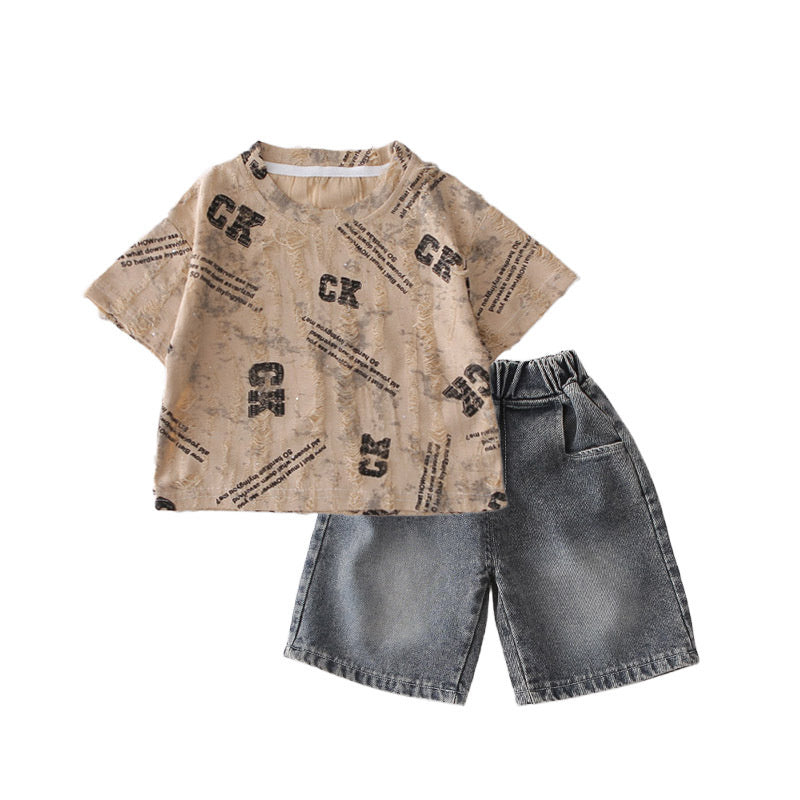Boys' Outfit: Baby Boy Letter Print Round Neck Short Sleeve T-shirt and Denim Shorts Two-Piece Summer Set, Trendy Children's Clothing