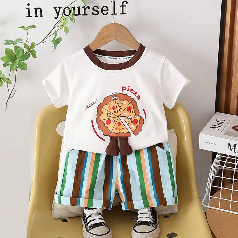 Children's Summer Outfit 2026 New Style Boys' Stylish Thin Cartoon Short-Sleeve Baby Casual Rainbow Pants Two-Piece Set