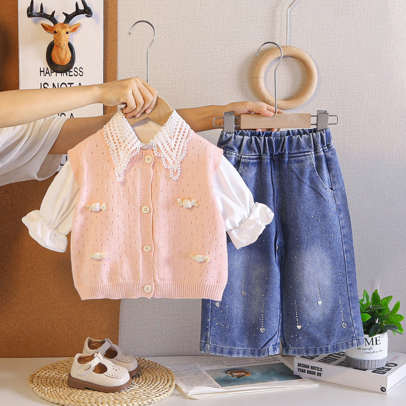 Girls' Spring and Autumn Outfit 2026 New Fashionable Candy-Colored Sweater Three-Piece Set for Children, Trendy Baby Fall Clothes