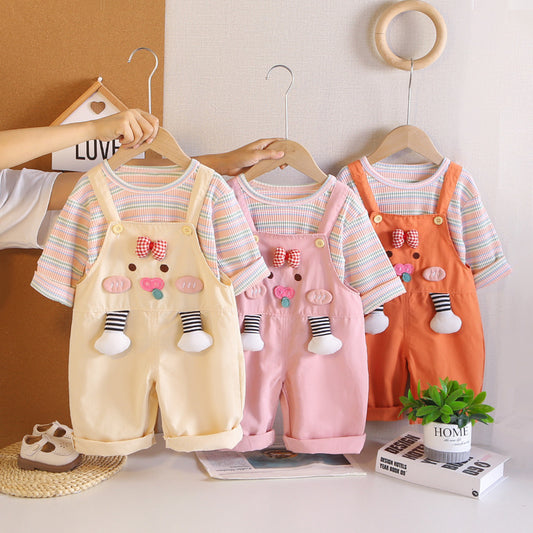 Girls' Spring and Bowknot Overalls Two-Piece Set, Stylish Toddler Clothing for 1-Year-Old Baby Girls, Autumn Outfit