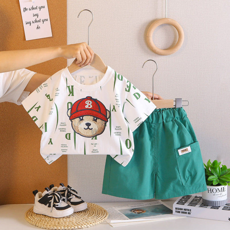 Boys' Outfit 2026 New Style Children's Casual Clothes Summer Wear Red Hat Bear Short Sleeve Two-Piece Set Trendy