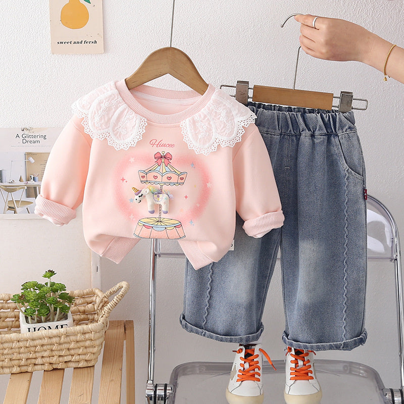 Girls' 2026 New Korean Style Fashionable Baby Lace Collar Two-Piece Casual Spring Outfit with Jeans Trendy
