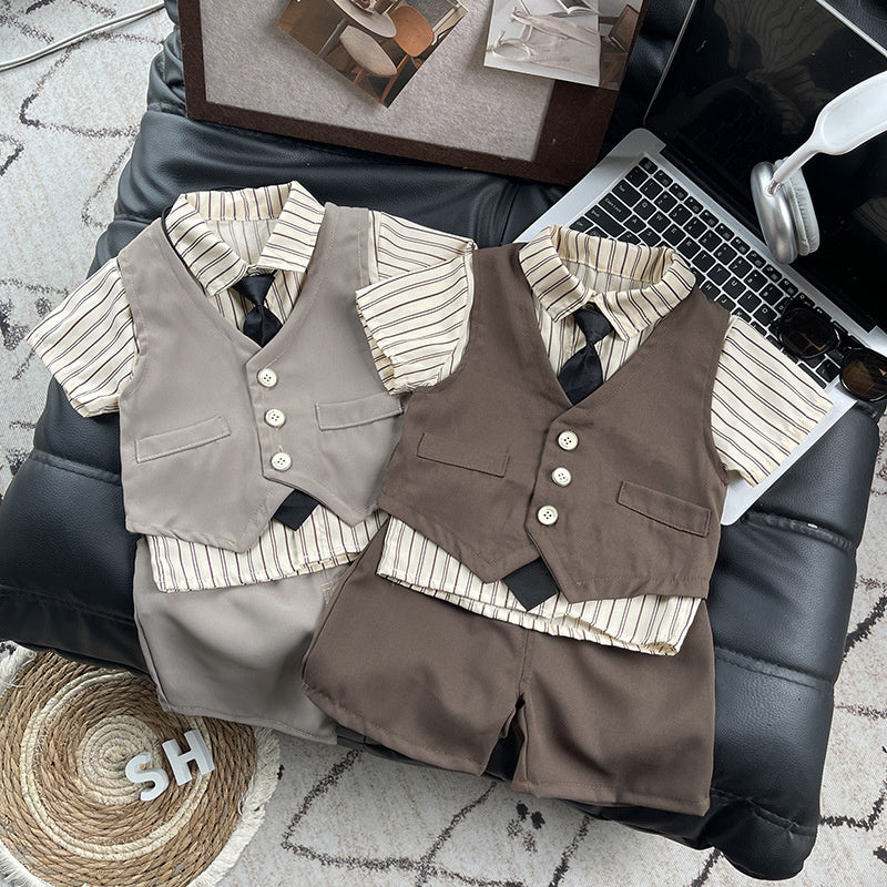 Boys' clothing, children's short-sleeve suit, new style baby boy summer vest suit three-piece set, stylish and trendy for ages 1-4