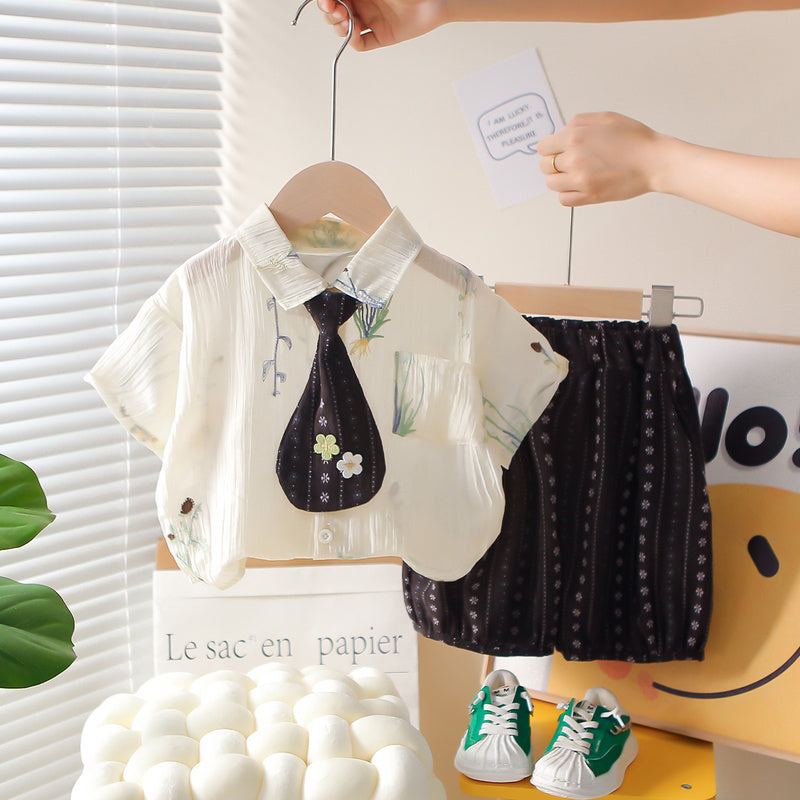Boys' Outfit with Two Small Flower Ties Shirt Set 2026 New Short Sleeve 1-3 Year Old Baby Summer Clothes Trendy