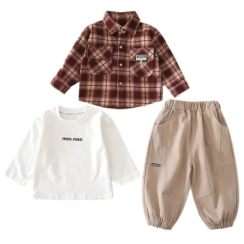 Boys' Outfit 2026 New Fashionable Children's Spring and Autumn Baby Stylish Casual Plaid Shirt Three-Piece Set