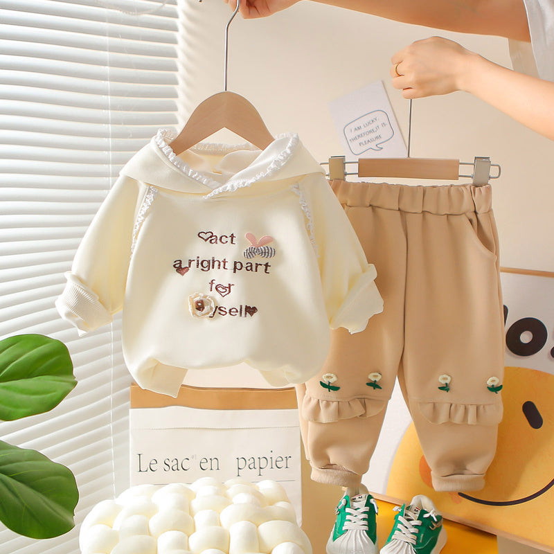 Girls' Autumn 2026 New Fashionable Spring Outfit Baby Lace Hooded Sweatshirt Cartoon Two-Piece Set for Infants and Children