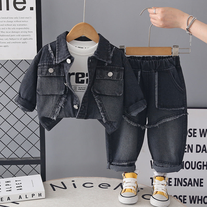 Boys' Outfit 2026 New Fashionable Children's Spring and Autumn Baby Casual Three-Piece Set with 3D Frayed Edge Denim