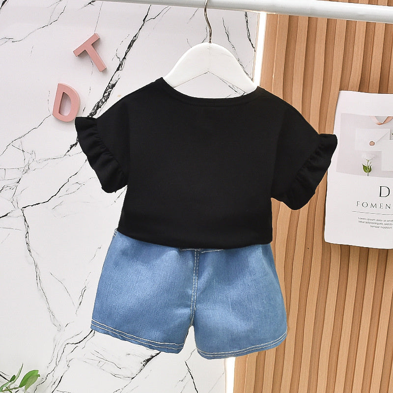 Girls' Clothing 2024 New Summer Korean Style Pure Cotton Set Baby Girls, Short Sleeve Two-Piece Outfit for Young Girls