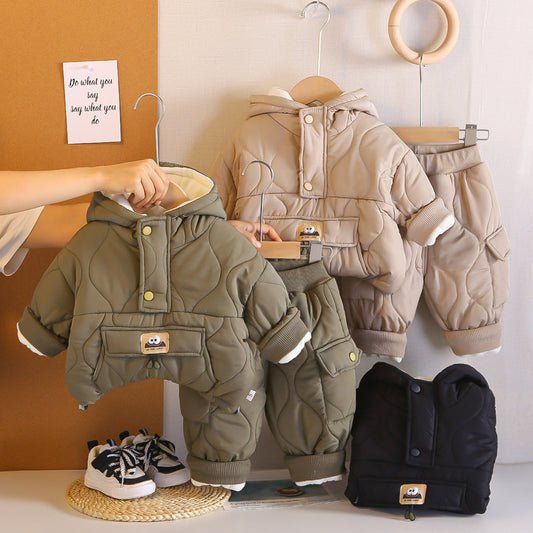 2025 Baby Outfit Fashionable Stylish Fleece-Lined Children's Clothing Boys Winter Thickened Two-Piece Set Trendy One-Piece Dropshipping
