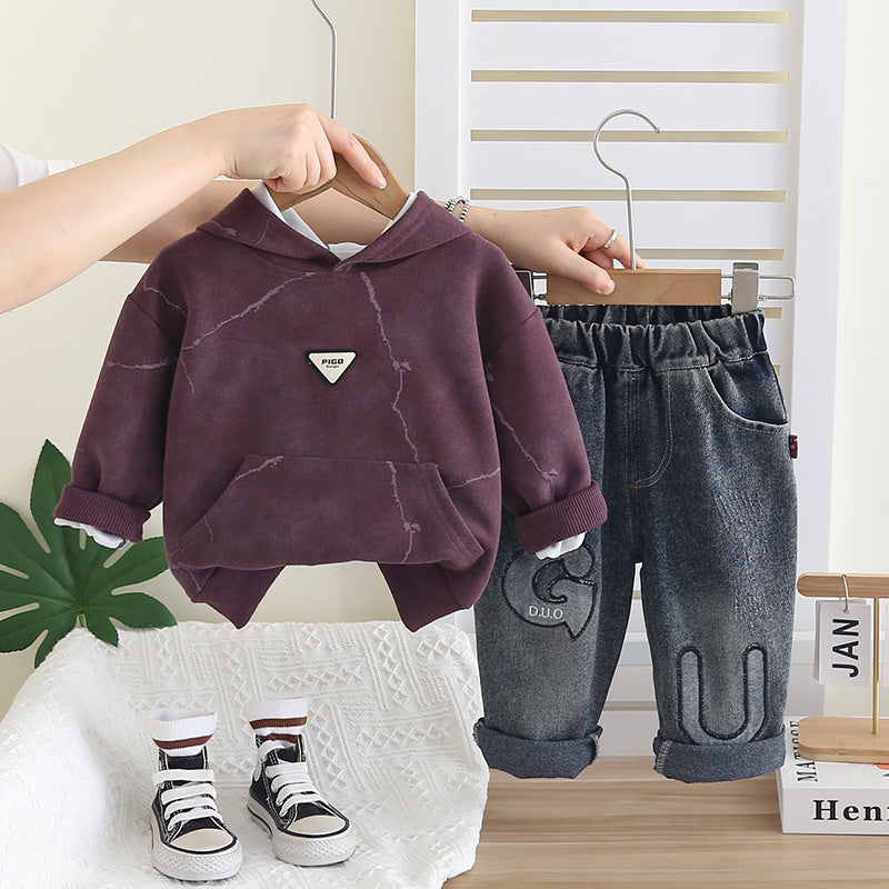 Boys' Casual Children's 2026 Stylish Baby Hooded Sweatshirt New Two-Piece Set for Spring and Autumn Outerwear