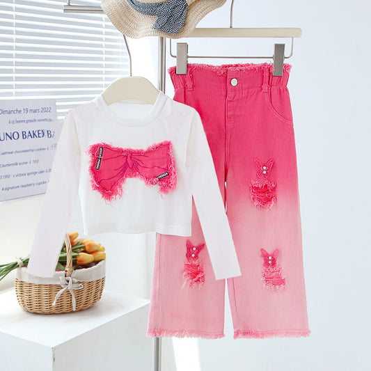 Outfit 2025 Children's Sleeveless Ripped Jeans Two-Piece Set for Big Girls Summer Fashion