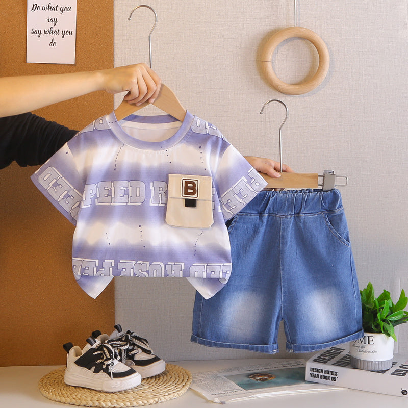 Summer Outfit with Letter Print Round Neck Set 2026 New Fashionable Boys' Clothes for 1-3 Year Olds, Children's Short Sleeve Trendy Wear