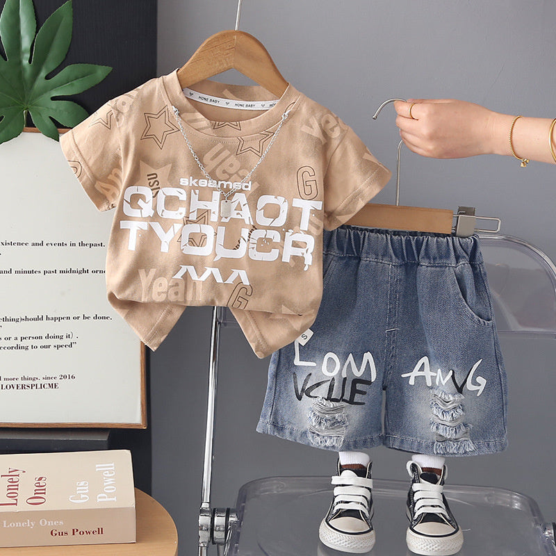 Boys' Short-Sleeve Two-Piece Set 2026 New Fashionable Baby Summer Outfit Casual Letter Print Clothes Trendy Stylish Suit