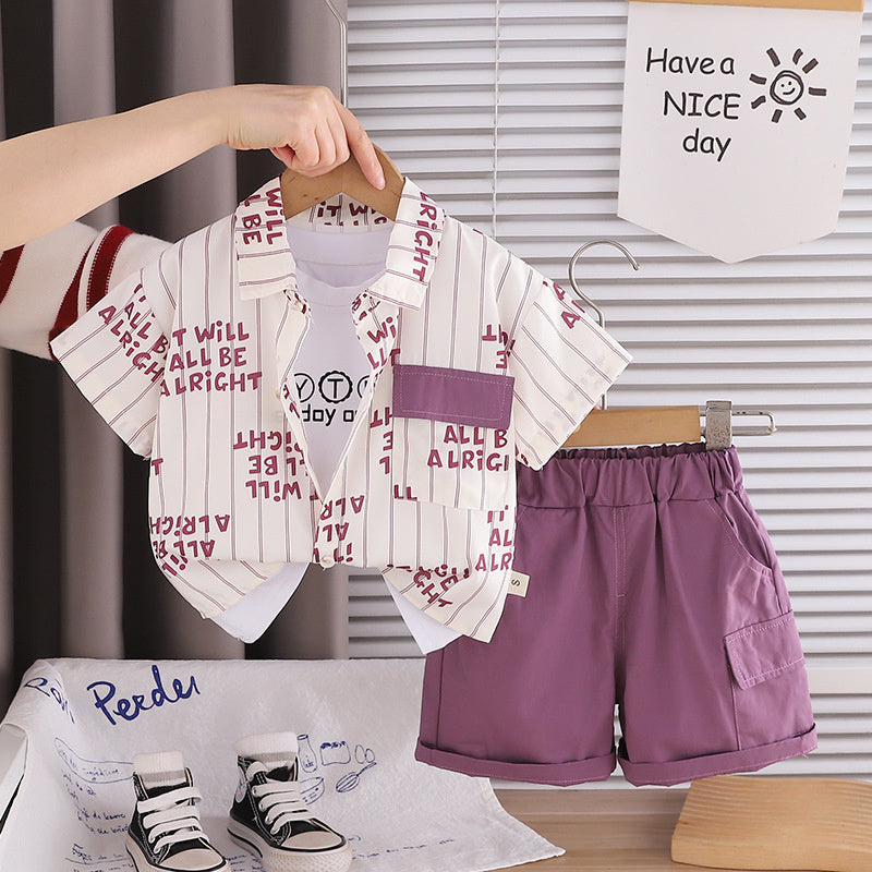 Boys' Outfit: Vertical Stripe Letter Print Short Sleeve Set, New Baby Summer Clothes, Lightweight Children's Shirt Three-Piece Trendy Set