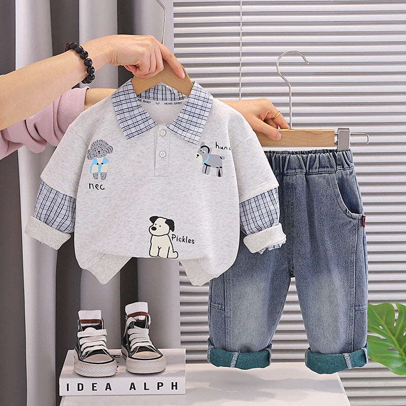 Children's clothing boys, stylish Polo sweatshirt set, fashionable cute puppy outfit for babies toddlers in spring and autumn