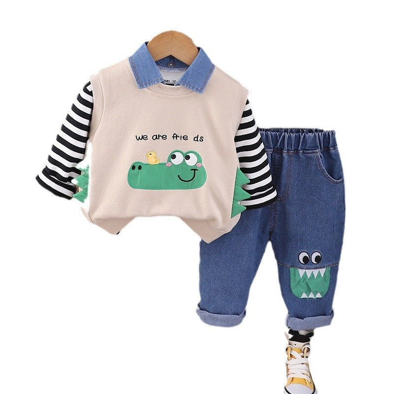 Children's Clothing Boys' 2024 New Cute Crocodile Vest Three-Piece Set Baby Autumn Stylish Cartoon Kids