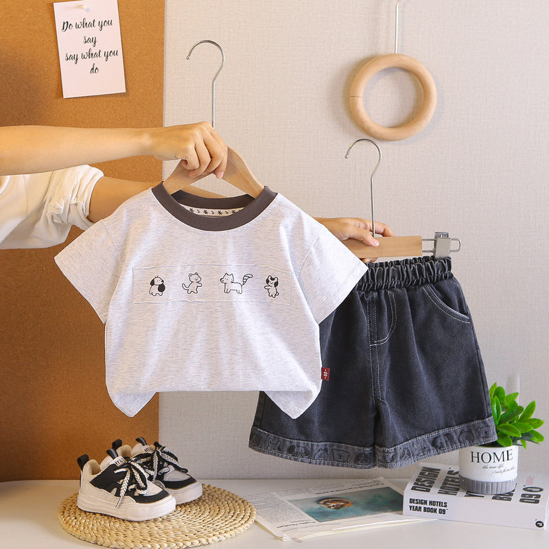 Boys' Solid Color Puppy Print Short Sleeve Set New Children's Round Neck Cool and Stylish Baby Summer Two-Piece Outfit