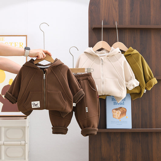 Fleece-Lined Suit 2025 Stylish New Children's Boys' Autumn Winter Solid Color Zipper Two-Piece Set Trendy