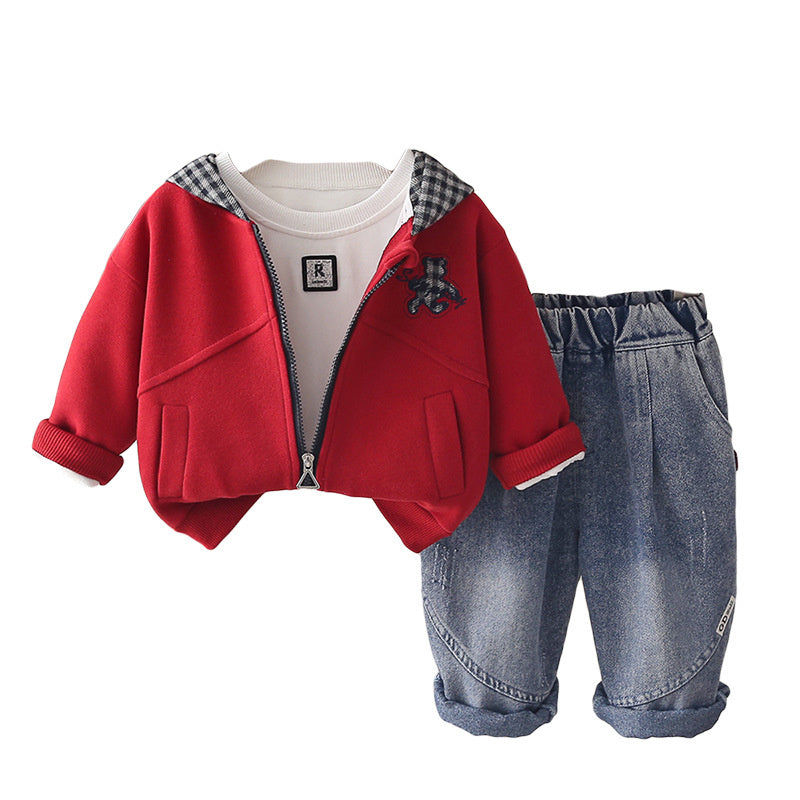 Children's Clothing 1-2-3-4 Years Old Boys Plaid Hooded Bear Three-Piece Set Baby Spring and Autumn Outfit Wholesale