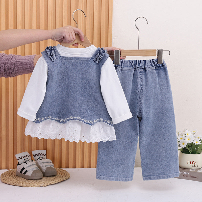 Girls' Spring Outfit Set 2026 New Korean Style Children's Embroidered Hem Vest Three-Piece Princess Baby Girl Clothes