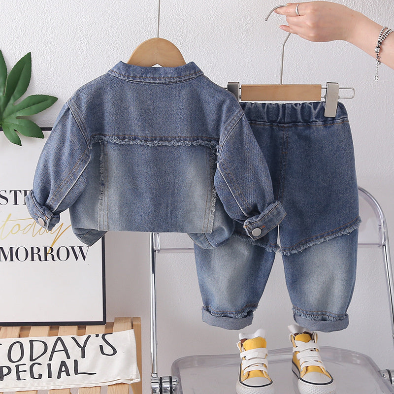 Boys' Suit 2026 New Spring and Autumn Fashionable Children's Stylish Baby Fall Three-Dimensional Frayed Edge Denim Two-Piece Set