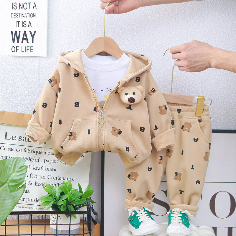 Children's Cartoon Hooded 2025 New Korean Version Boys Girls Spring and Autumn Full Print Bear Jacket Three-Piece Set