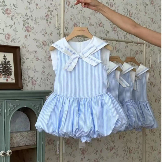 Girls' French Navy Collar Blue Striped Dress, Stylish and Elegant Slim Fit Bud Dress N222