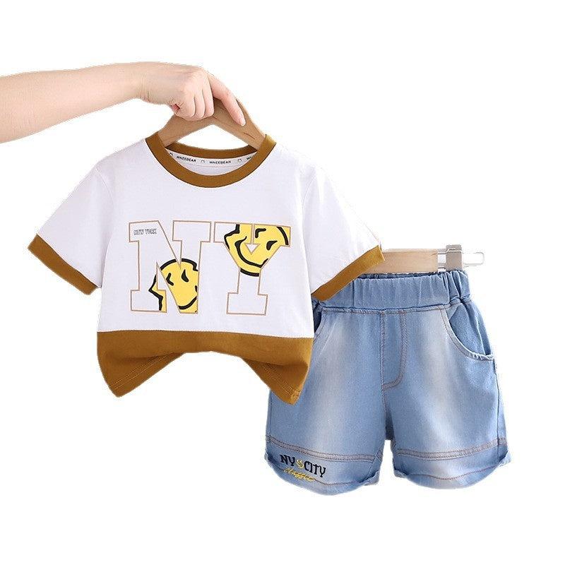 Boys' Short-Sleeve Outfit 2026 New Fashionable Children's Letter Print Big Smiley Face Baby Summer Color-Block Trendy Clothes