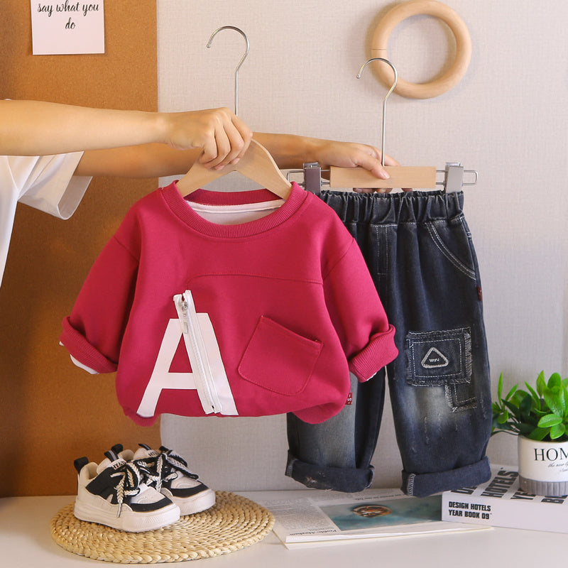 Boys' Spring and Autumn Casual Outfit 2026 Fashionable Baby Large Letter Zipper Sweatshirt New Two-Piece Set