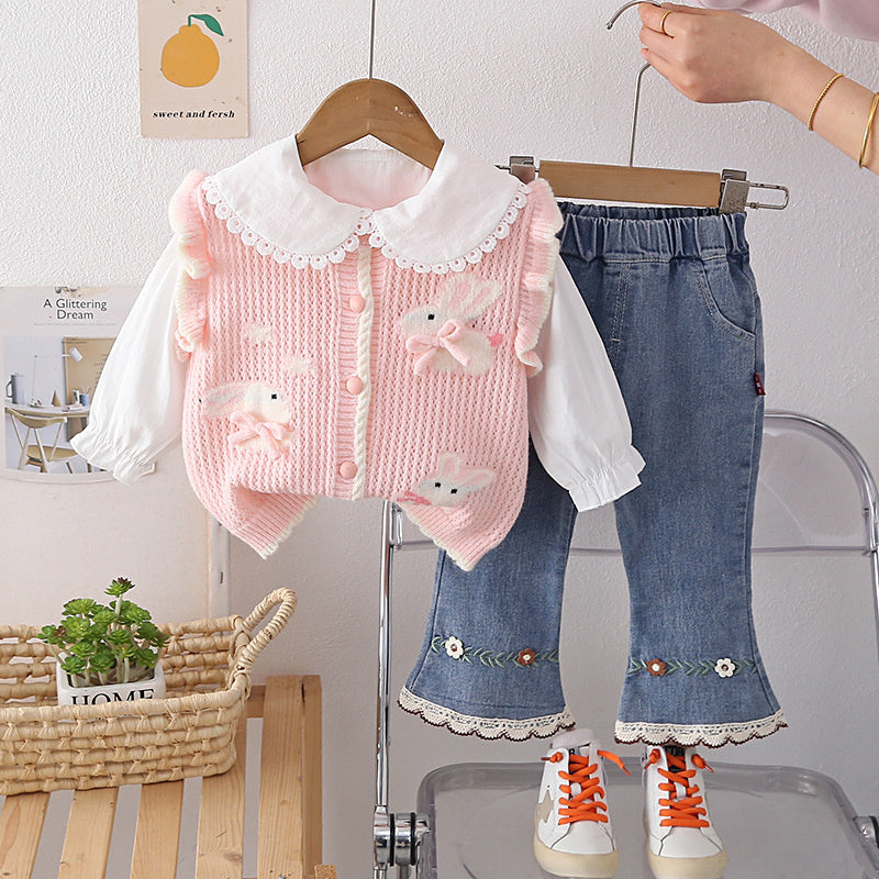 Girls' and Autumn Outfit 2026 New Fashionable Children's Three Rabbits Sweater Three-Piece Set Baby Spring Clothes Trendy