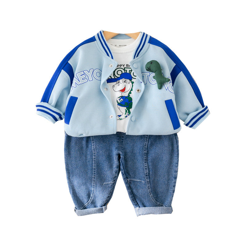 2025 Spring New Baseball Jacket Boys' Cartoon Korean Style Set Denim Huzhou Zhili Children's Clothing