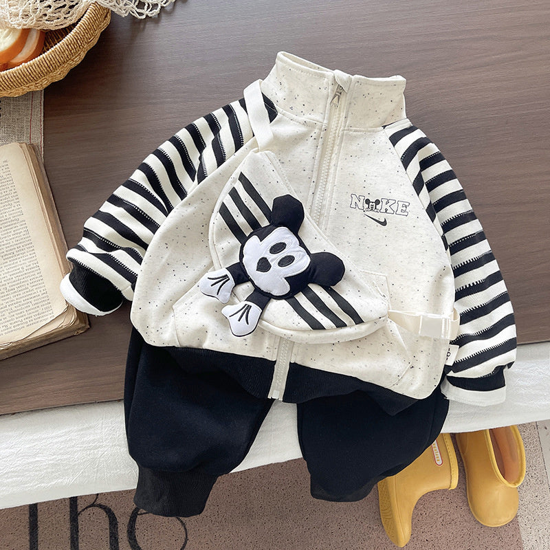 Children's clothing, boys' fashionable casual outfit, stylish three-piece set with shoulder bag one-year-old baby, spring autumn season, for infants and toddlers