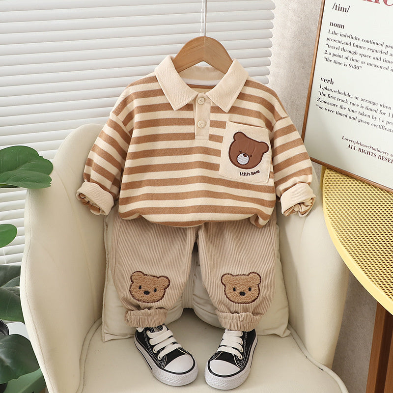Boys' Suit Spring and Style Autumn Outfit Children's Sportswear Fashionable Stylish Baby Boy Turn-down Collar Bear Clothes Two-piece Set