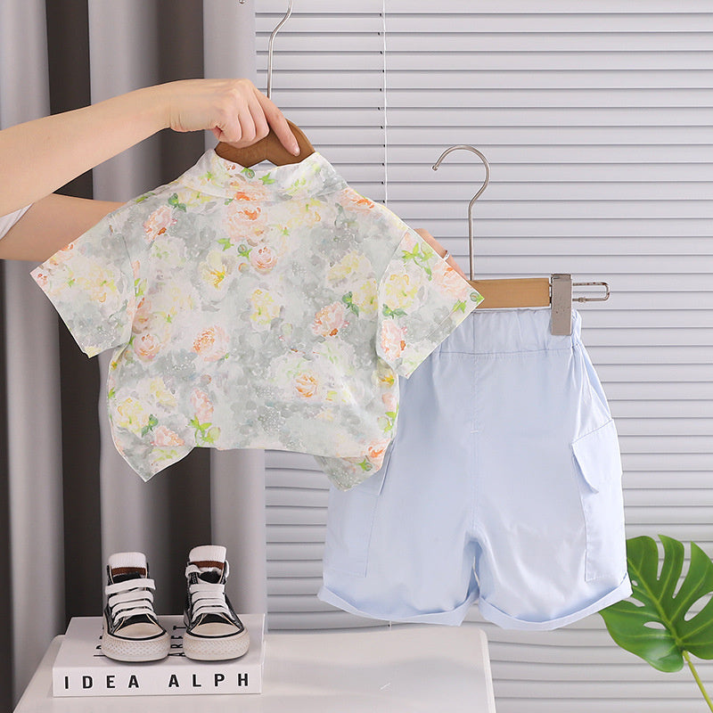 Boys' Summer Outfit 2026 New Style for Young Children, Fresh Floral Pattern, Stylish Short-Sleeve Shirt and Tie Two-Piece Set